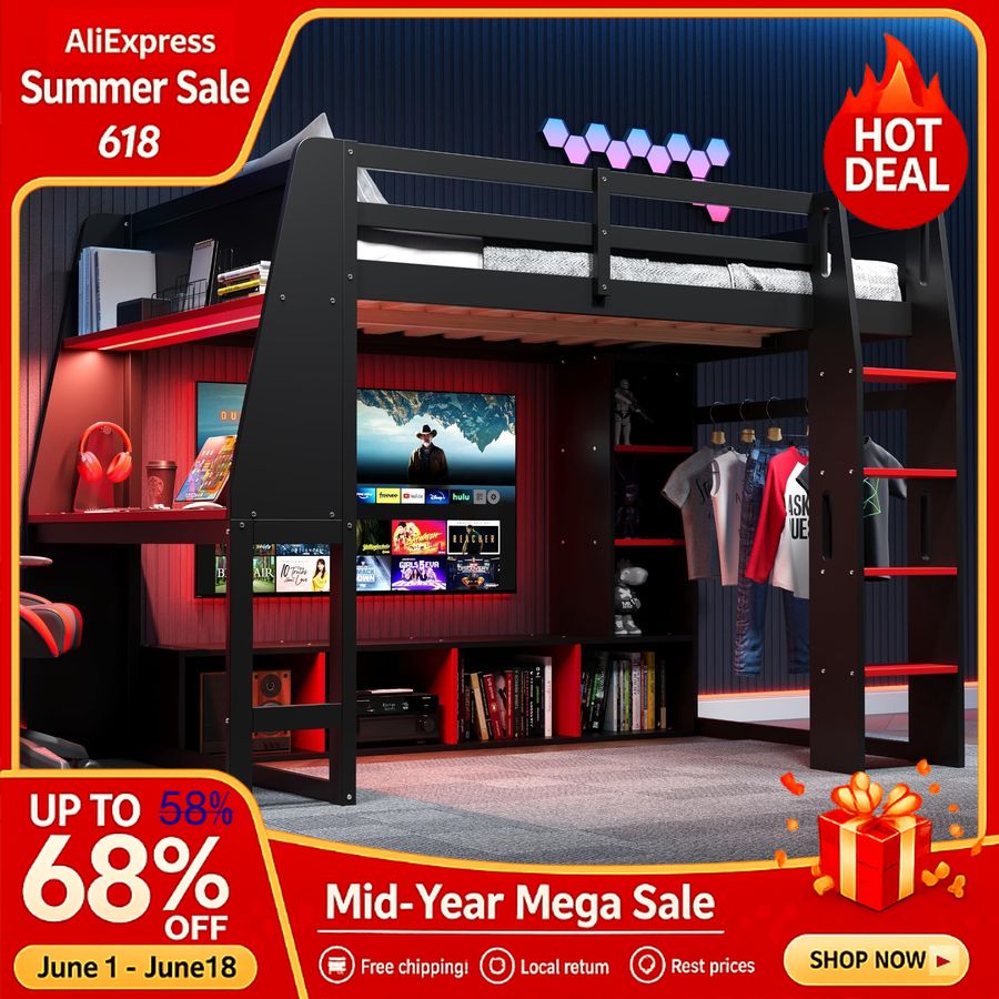 Esports Gaming Bed - Wooden Twin Loft Bed with Gaming